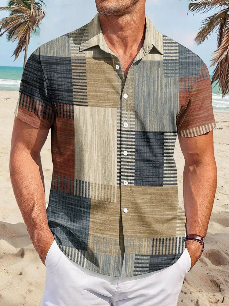 Men's Summer Shirt Vintage Patchwork Printed Button Lapel Short Sleeve Shirt Tropical Vacation T Shirt Fashion Soft Men Clothing