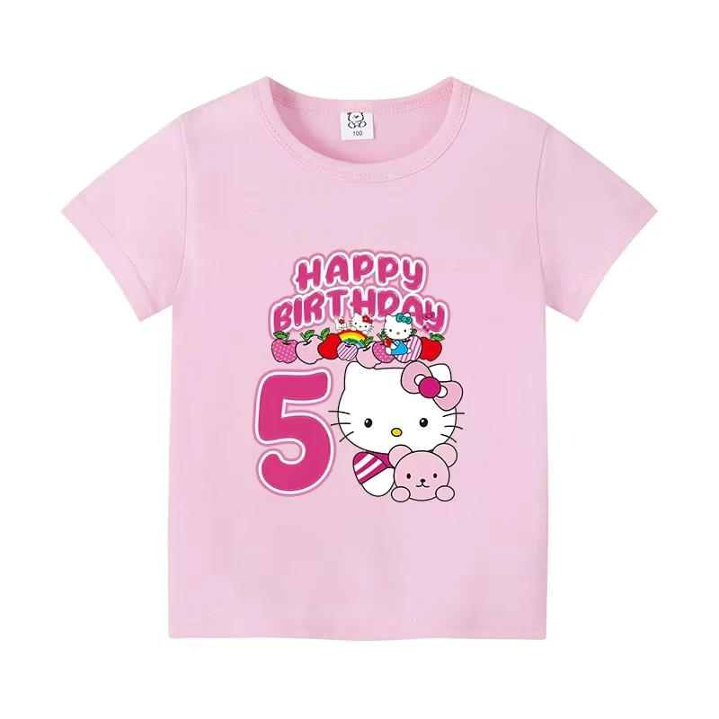 เสื้อยืดสวัสดีคิตตี้สำหรับเด็ก/ผู้ใหญ่ซานริโอวันเกิดหมายเลขเสื้อยืดสีชมพูน่ารักการ์ตูนแขนสั้นสาวลำลองเสื้อผ้าหลวม