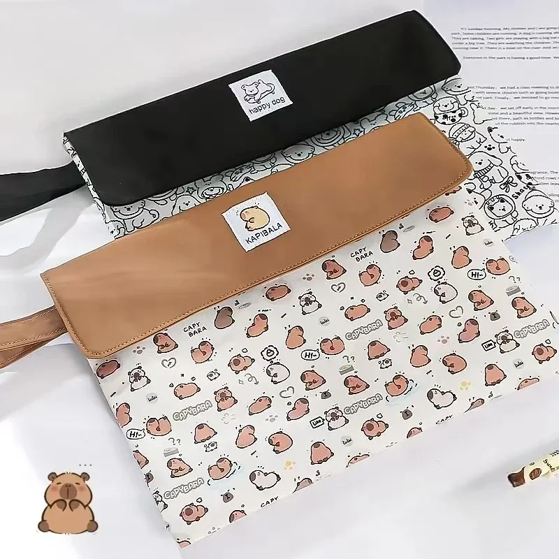 Capybara Cartoon Document Bag Large Capacity Zipper File Folder Black Puppy Organizer Student Papers A4 Portable Storage Pouch