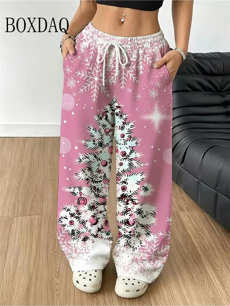 Christmas 3D Snowflake Print Long Pants Winter Women's Casual Wide-Leg Drawstring Loose Pants Casual Everyday Wear Straight Pant