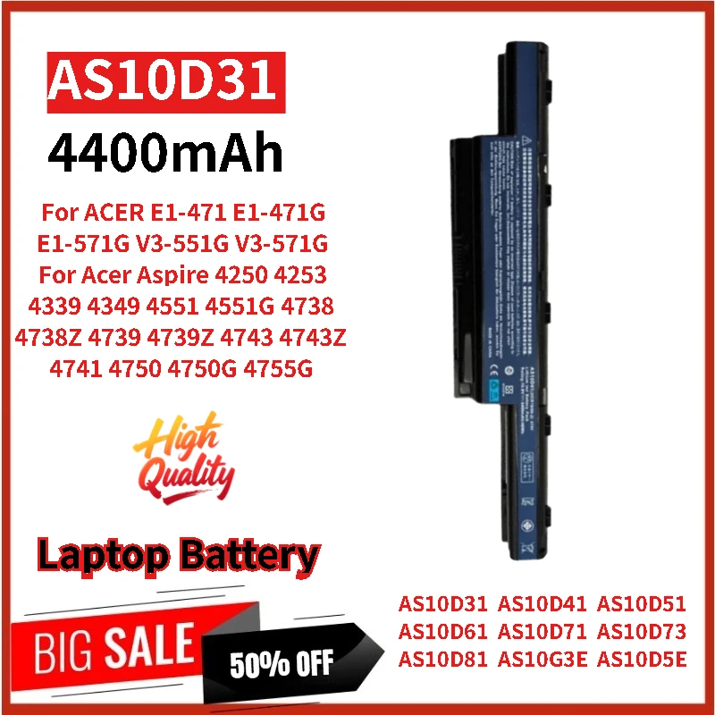 High Quality AS10D31 Laptop Battery 10.8V 4400mAh for Acer E1471g 5750G 4741G 4752G 4750G AS10D31 Brand New Replacement Battery