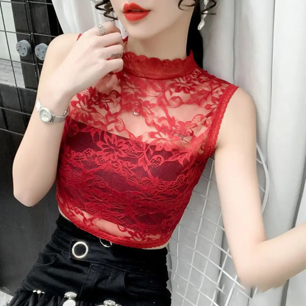 Nowa Bluzka z Siateczkowej Włóczki, ażurowa Koronka, Krótka Modna Koronkowa Bluzka z Golfem, Bez Rękawów, Elegancki Kołnierzyk, Fałszywy Kołnierzyk