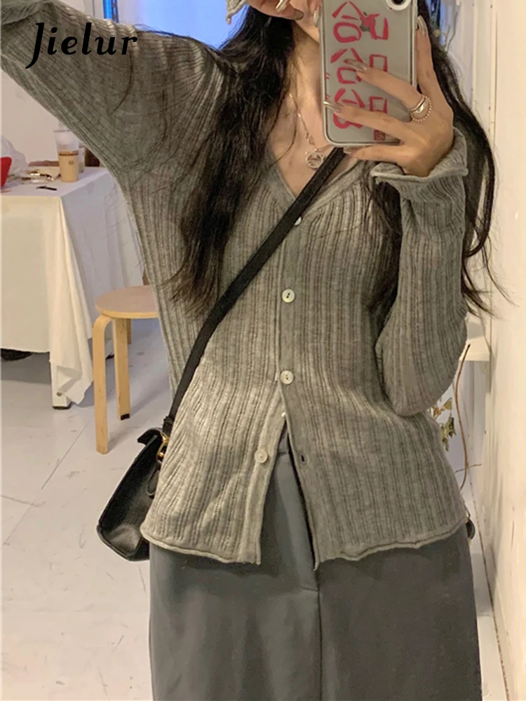 Jielur Autumn New Solid Color Slim Cardigan Woman Sweet Ladies Elegant Women\'s Cardigan Pink Oat Grey Black Street Cardigan