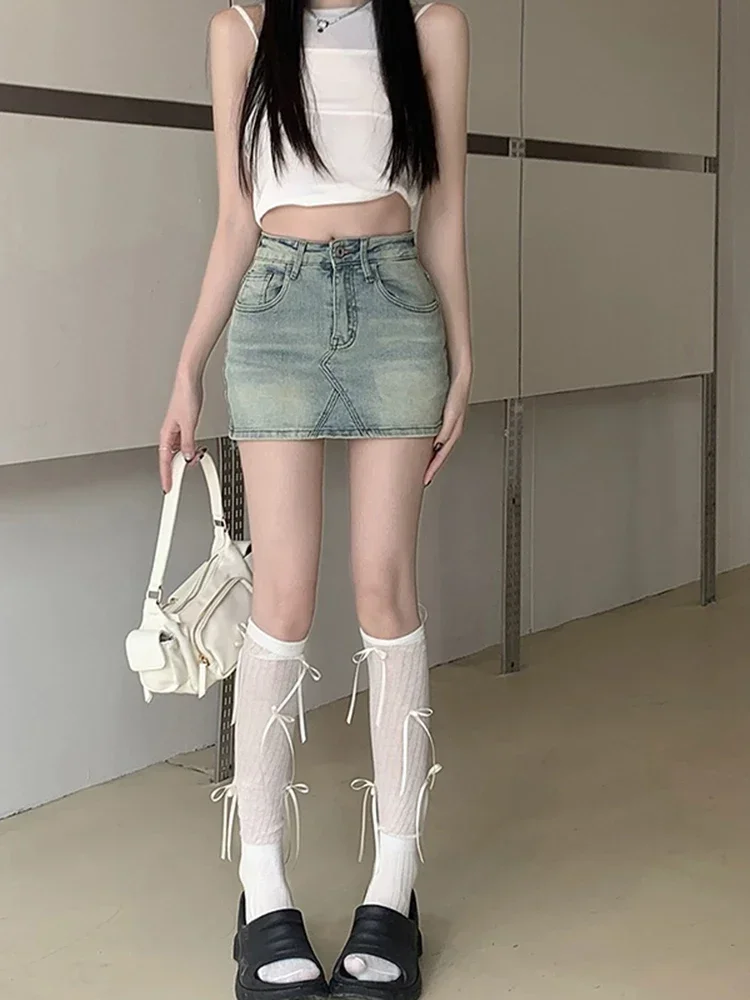 

New Retro High Waist Denim Women Skirts Fashion Street Slim Woman Skirts Blue Distressed Casual Chicly Tight Hip Skirts Female