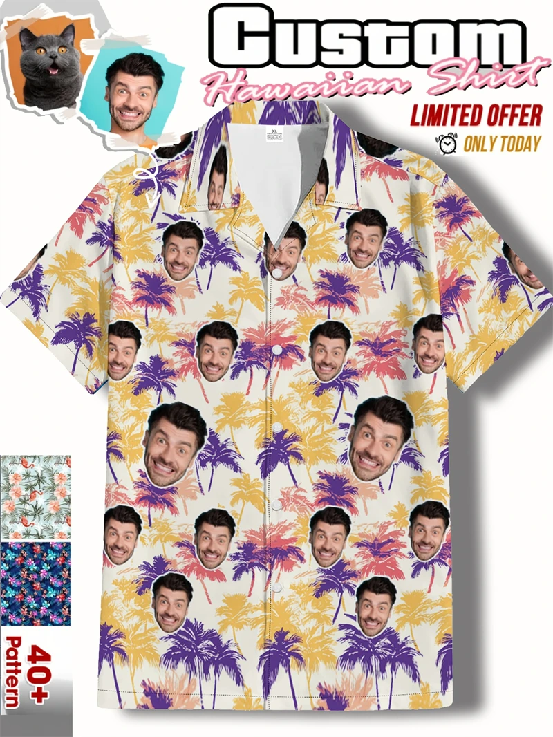 

Free Custom Photo Face Team Hawaiian Man Shirts Coconut Tree Pattern Personalized Diy Face Beach Men Short Sleeve Aloha Shirts