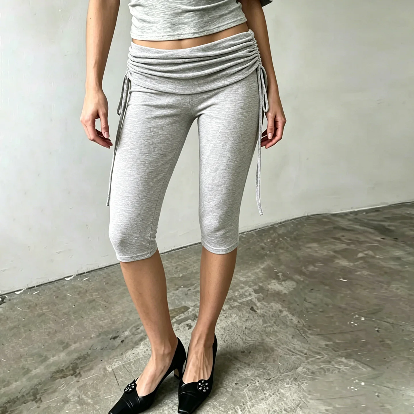 Fashion Street Style Gray Flanged Low-rise Drawstring Tight Pants Casual Knitted Pants Women
