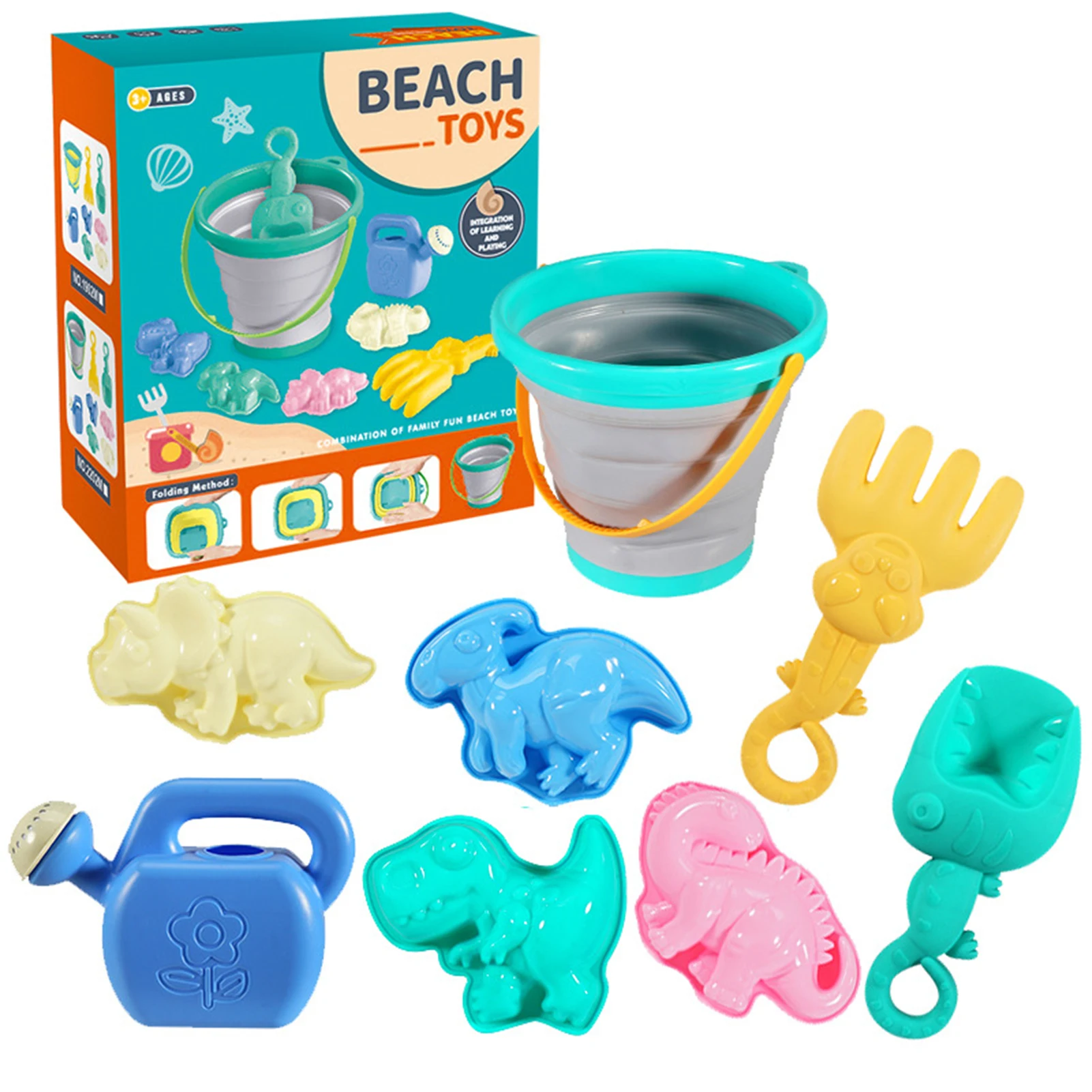 New Hot Beach Plastic Sand Toy Set with Beach Bucket Sand Molds Watering Can Shovels for Toddlers Outdoor Indoor Play Gift