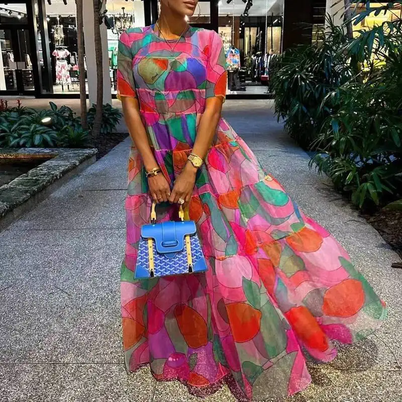 جديد بوهو نمط المرأة عادية خمر Ing نمط مطبوعة فستان ماكسي سيدة قصيرة الأكمام عالية الخصر فساتين فضفاضة