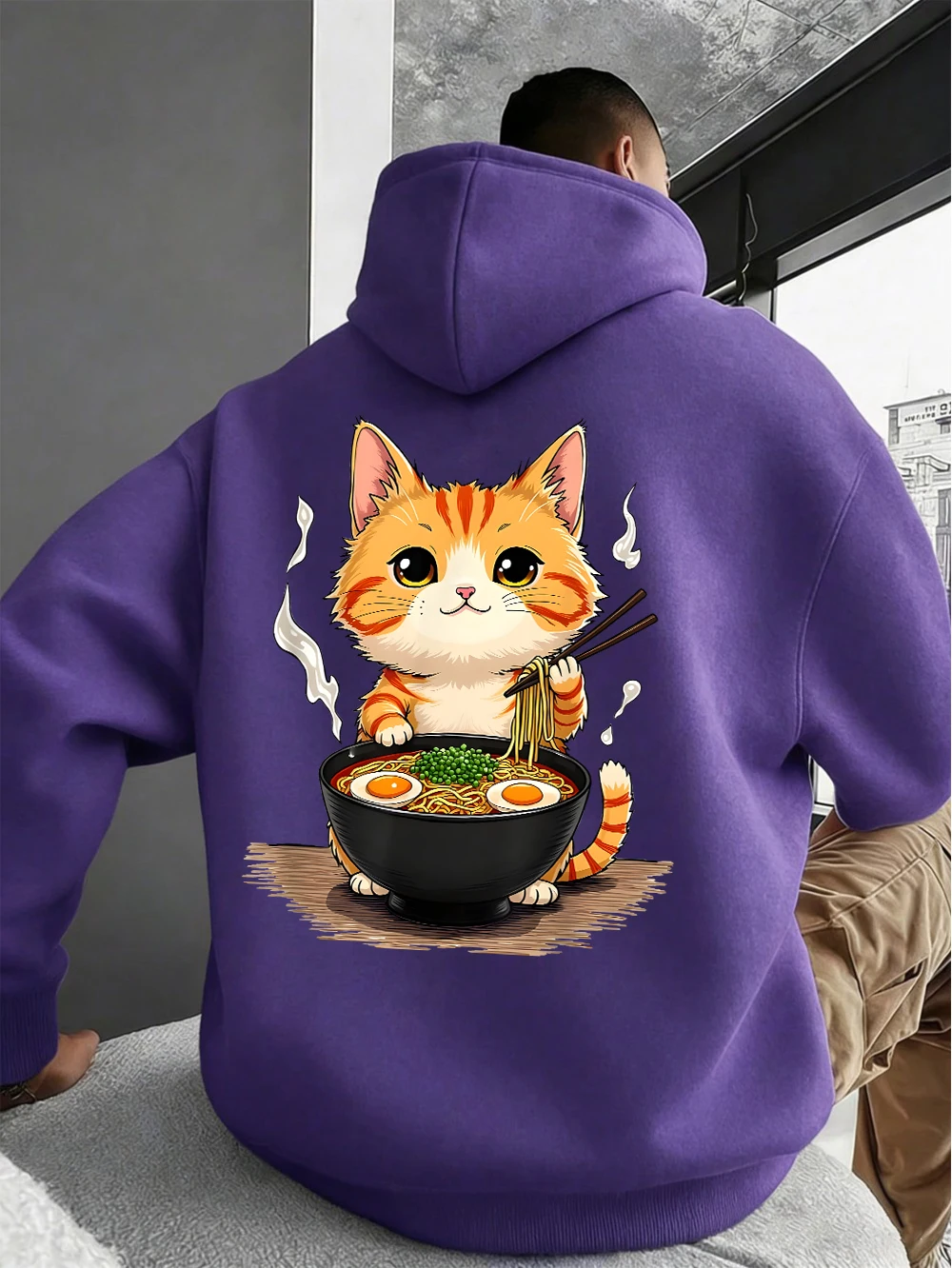 

Мужская толстовка с принтом «Котенок любит есть лапшу ламянь», осенняя толстовка с карманами, базовая теплая флисовая свободная кофта, модная мужская одежда