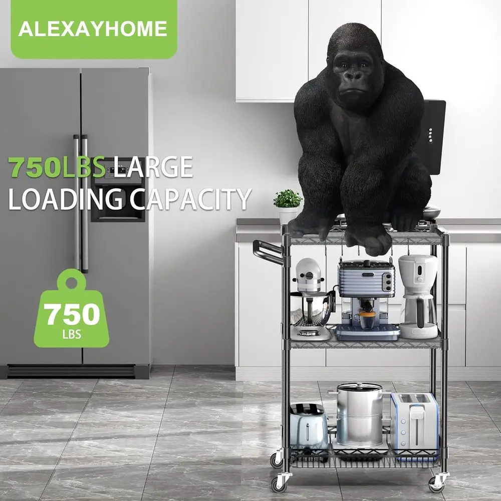 Carrinho utilitário de metal resistente de 3 camadas com rodas, capacidade de 750 libras, organizador de cozinha ajustável para uso interno e externo