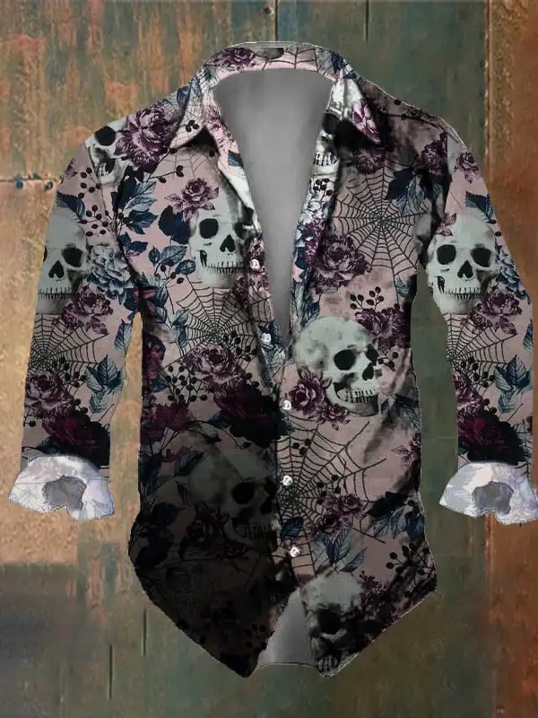 Camisa de manga larga con estampado de calavera oscura Retro para hombre, Tops negros con estampado de rosa de Calavera, ajuste Regular, cuello de solapa, mezcla de poliéster, Halloween