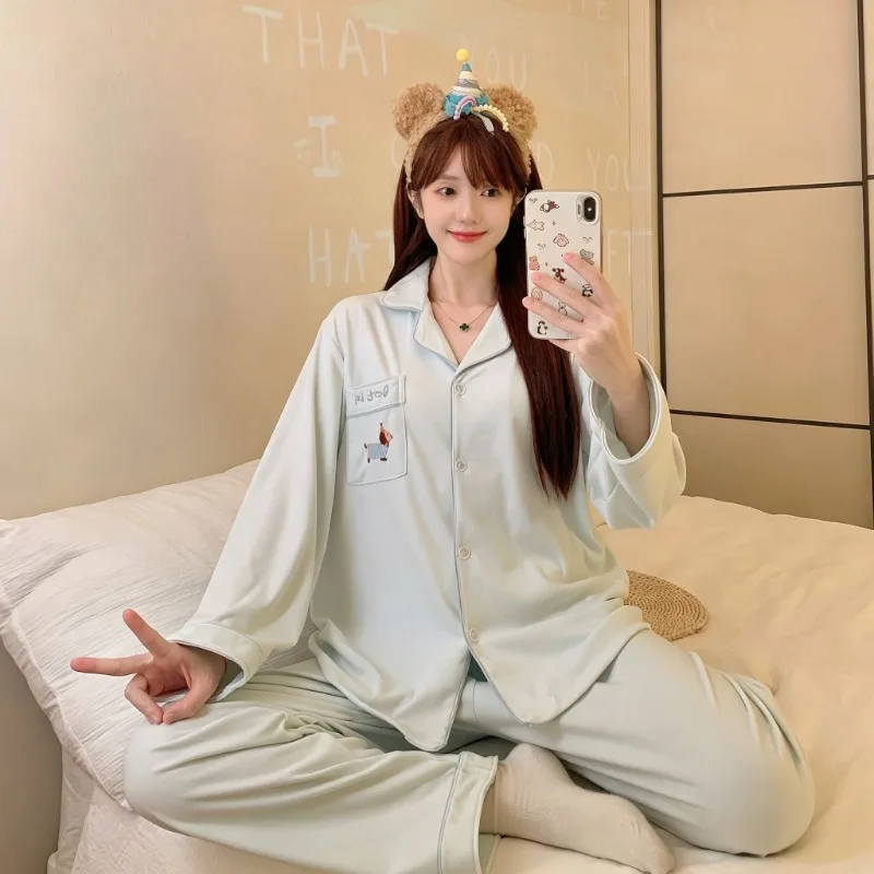 Women Home Loungewear 2 Piece Set Brushed‑knit Cute Puppy Embroidery Sweet Style Long Sleeve Autumn Winter Sleepwear Nightwear