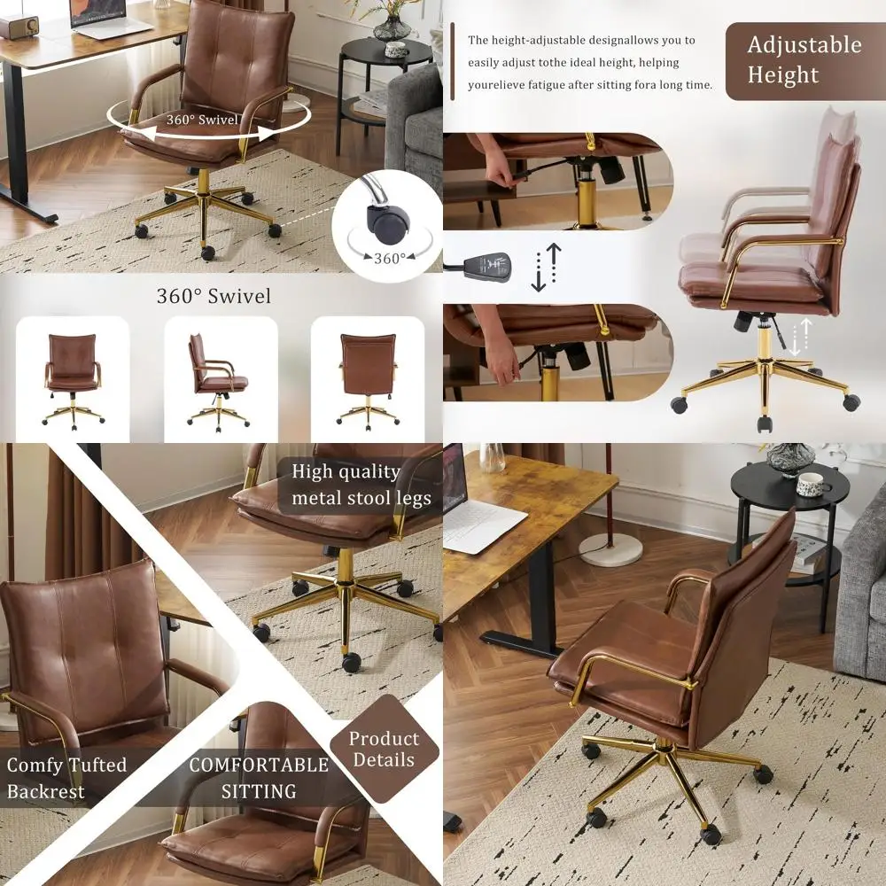 

Золотая основа 360° ° Поворотное эргономичное настольное кресло с коричневыми и золотыми ножками и подлокотниками для дома и офиса