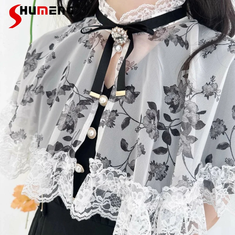 

Japanese Lace Trim Cape Dress Lolita Sweet Style Vestidos Puff Sleeves Romantic Floral Flared Dresses Women's Cute Y2k Clothes