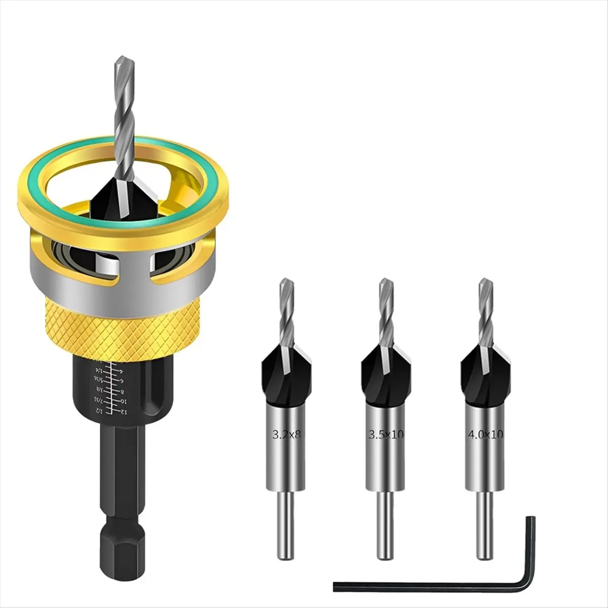 6-Piece Countersink Drill Bit Set, Pre-Drilling and Countersinking in , with Depth Stop, 1/4 Inch Hex Shank