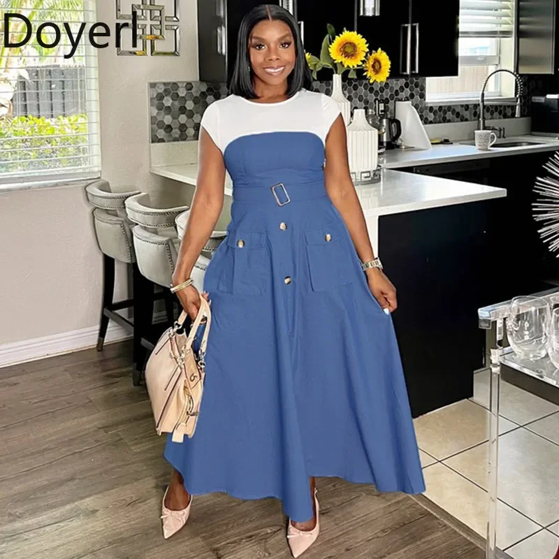 

Doyerl Denim Patchwork Summer Dresses 2025 Women Short Sleeve High Waist Pockets Button A-line Party Club Maxi Dress with Belt