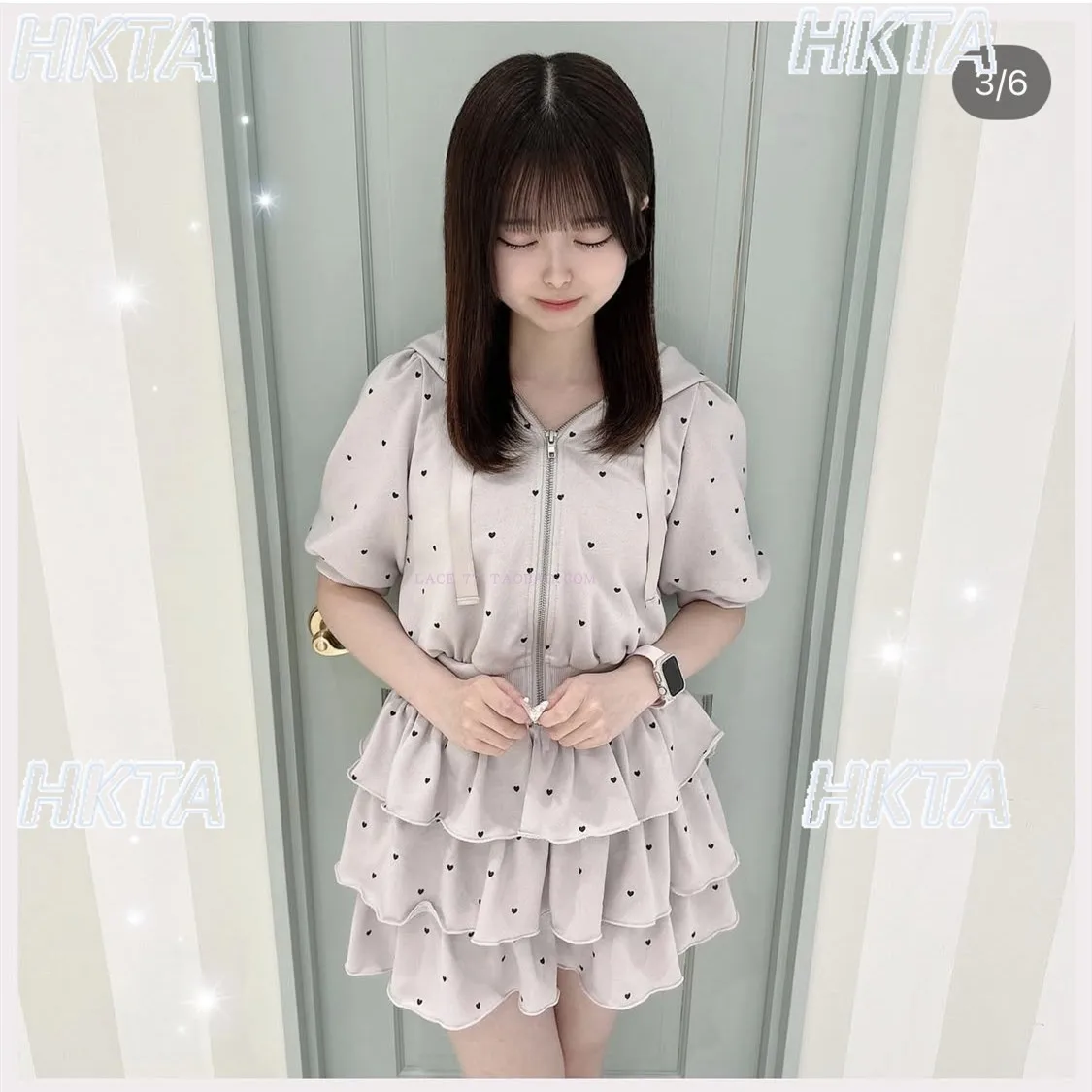 

Sweet Floral Peach Heart Hooded Short Sleeved Pink Short Sleeve Coat TopCommuter High Waist Lolita Cake Mini Skirts Suit Women