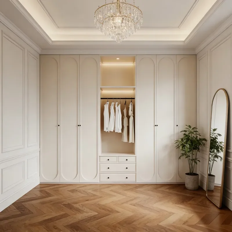 Cream Curved Door Wardrobe Plywood Construction Floor Ceiling Custom Bedroom Armoire Wooden Storage Closet Cabinet Faucet