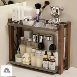 Bathroom vanity dressing skin care cosmetics wooden storage box desktop shelf washstand,wood KitchenTwo-layer Storage Rack
