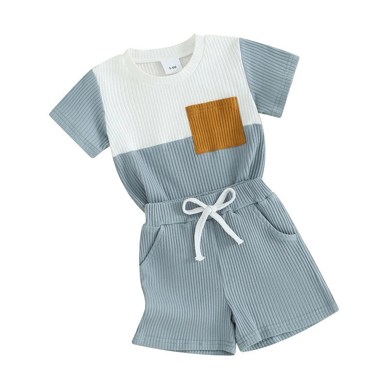 

Toddler Boys Summer Outfits Contrast Color Ribbed Knit Short Sleeve T-Shirts Tops and Elastic Waist Shorts 2Pcs Clothes Set