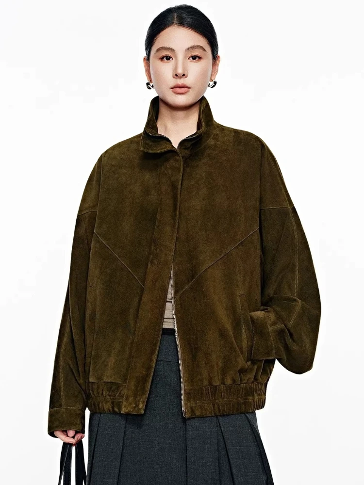 

Vintage Genuine Leather Jackets for Women Spring Autumn High-end Simple Stand Collar Batwting Sleeve Real Goatskin Suede Coat