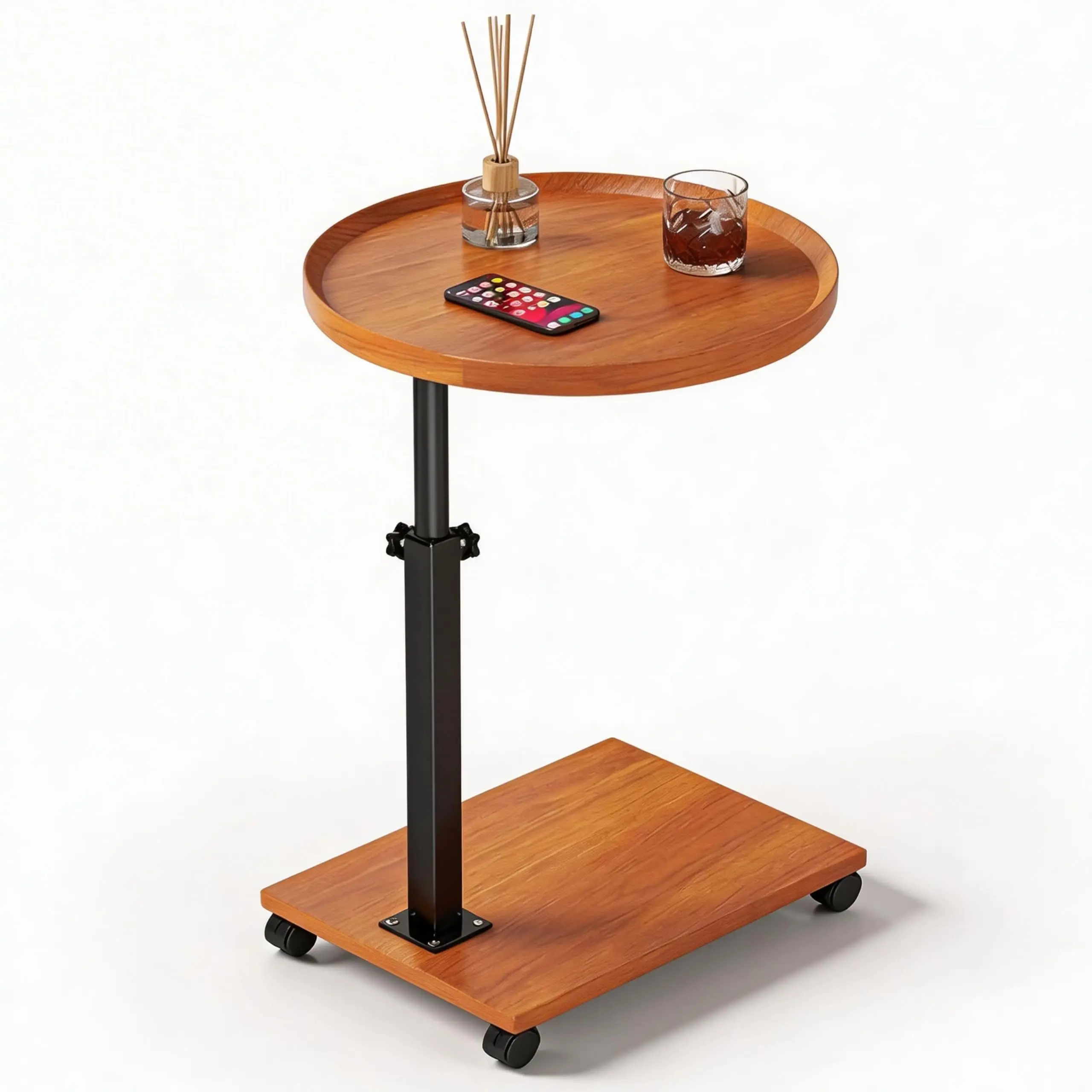 Afbeelding 4: Bijzettafel met wielen, salontafel Ronde C-vormige bijzettafel in hoogte verstelbaar 45-80cm, kleine tafel met 360° draaibare functie °   draaibare bar – bank- of bedbijzettafel voor woonkamer, slaapkamer, houtverf