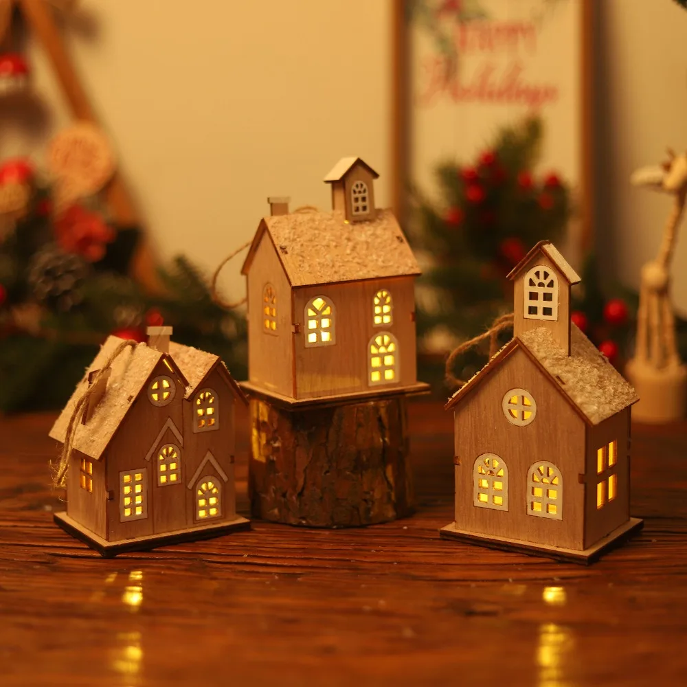 Mini Glowing Christmas Tree House Pendant Wooden Luminous Christmas House Ornament Rustic LED Christmas Village House Figurine