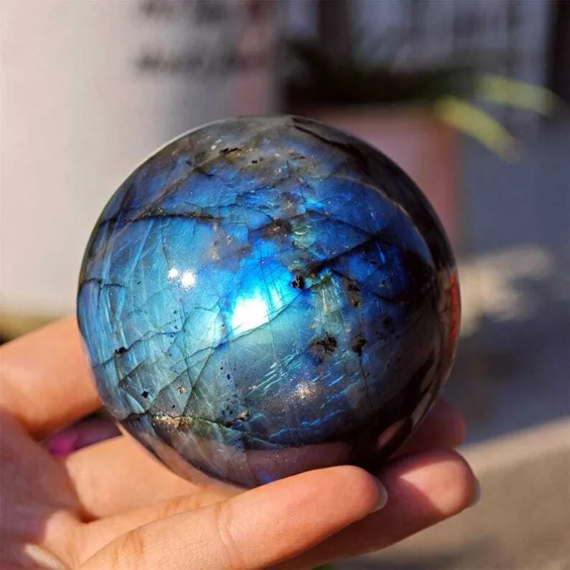 80mm+ Natural Labradorite Ball Quartz Crystal Sphere Reiki Heal Crystal Gifts Suitable Healing Crystals Home Decorations