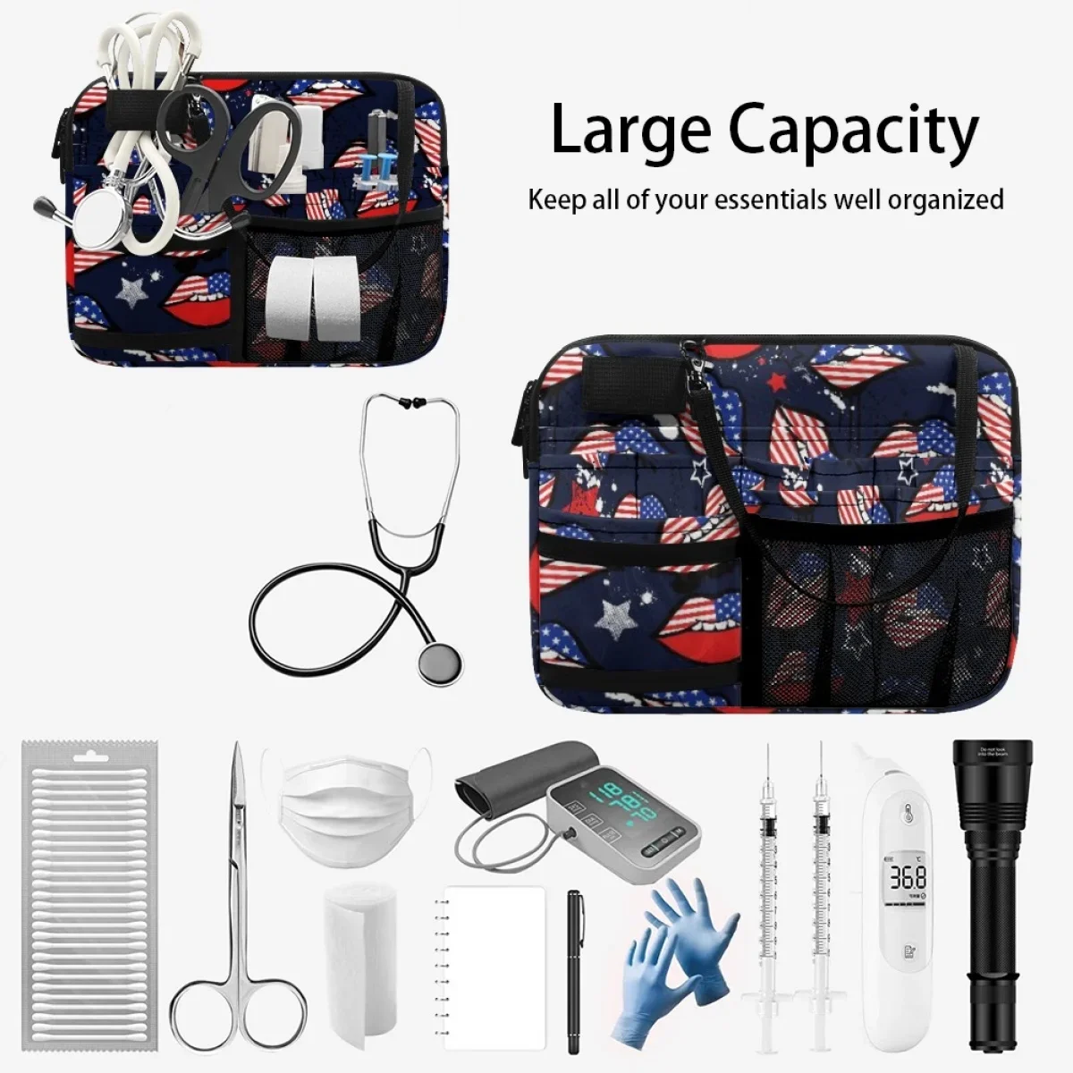 4th of July Decoration Creative American Flag Design Nurse Waist Bag Portable Multi-Pocket Casual Medical Storage Bag Fanny Pack