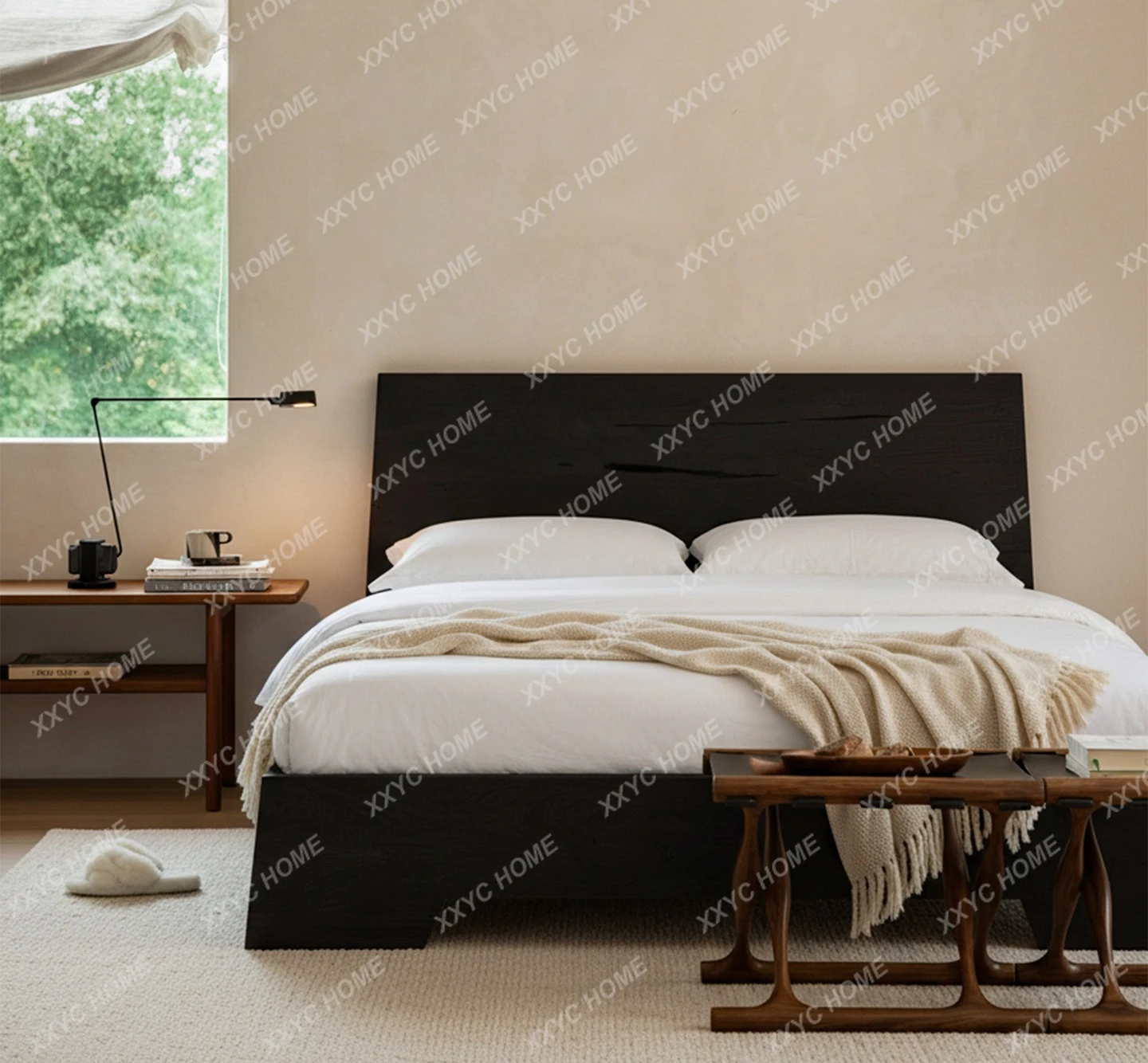 Dun bed wabi-sabi style retro style full solid wood log double environmental protection heavy non-slip bed