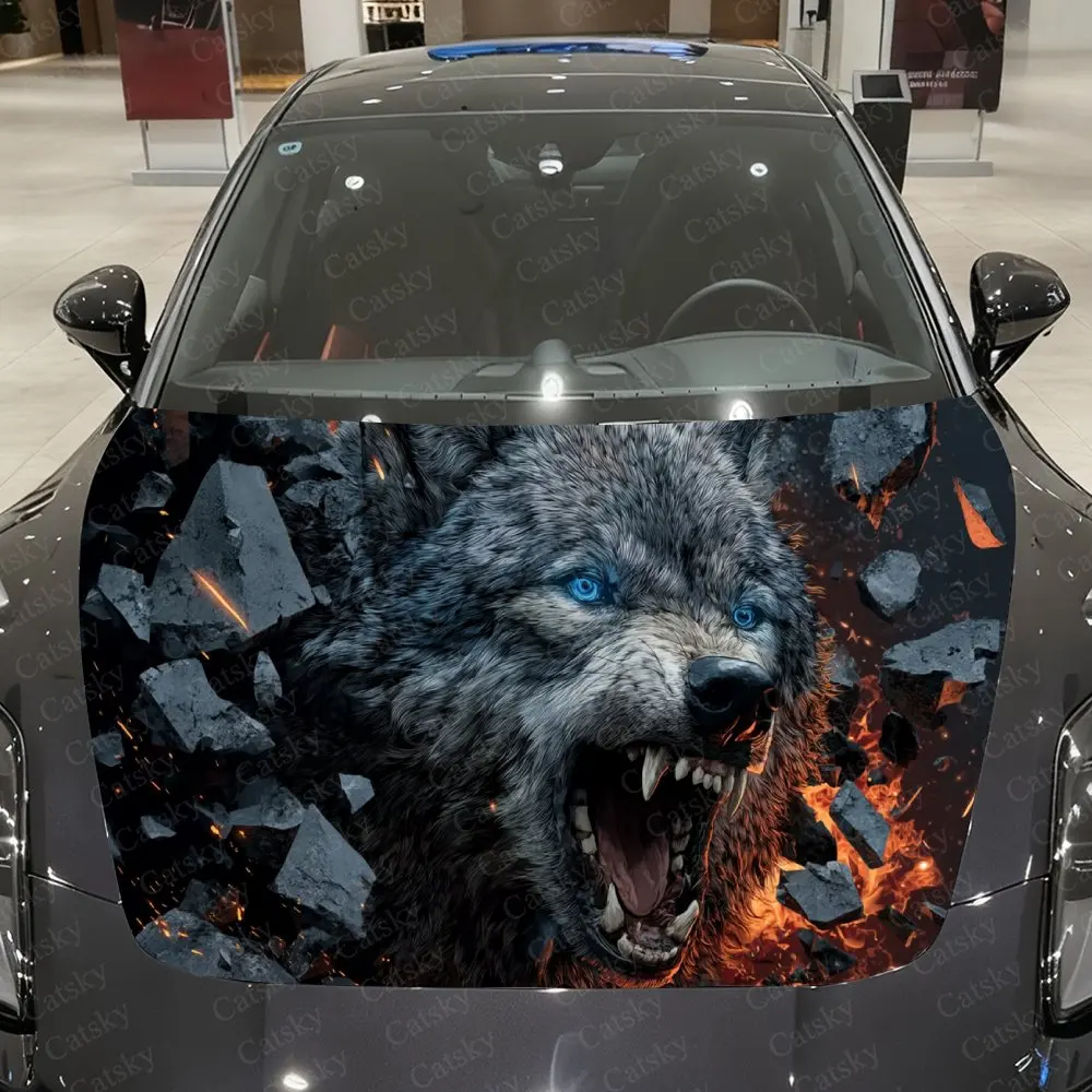

Виниловая пленка Raging Wolf с голубыми глазами в треснутых камнях и пламенях, водонепроницаемая наклейка на капот автомобиля из материала ПВХ, самоклеящаяся наклейка на капот автомобиля