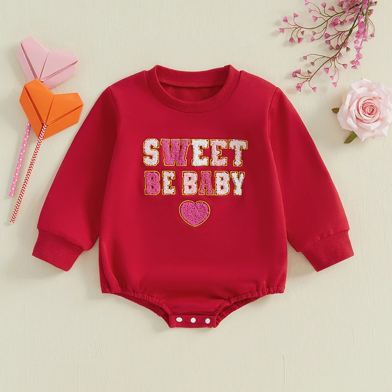 SUNSIOM Baby Girls Spring Fall Rompers Love Heart Letter Embroidery Crew Neck Long Sleeve Newborn Bodysuits
