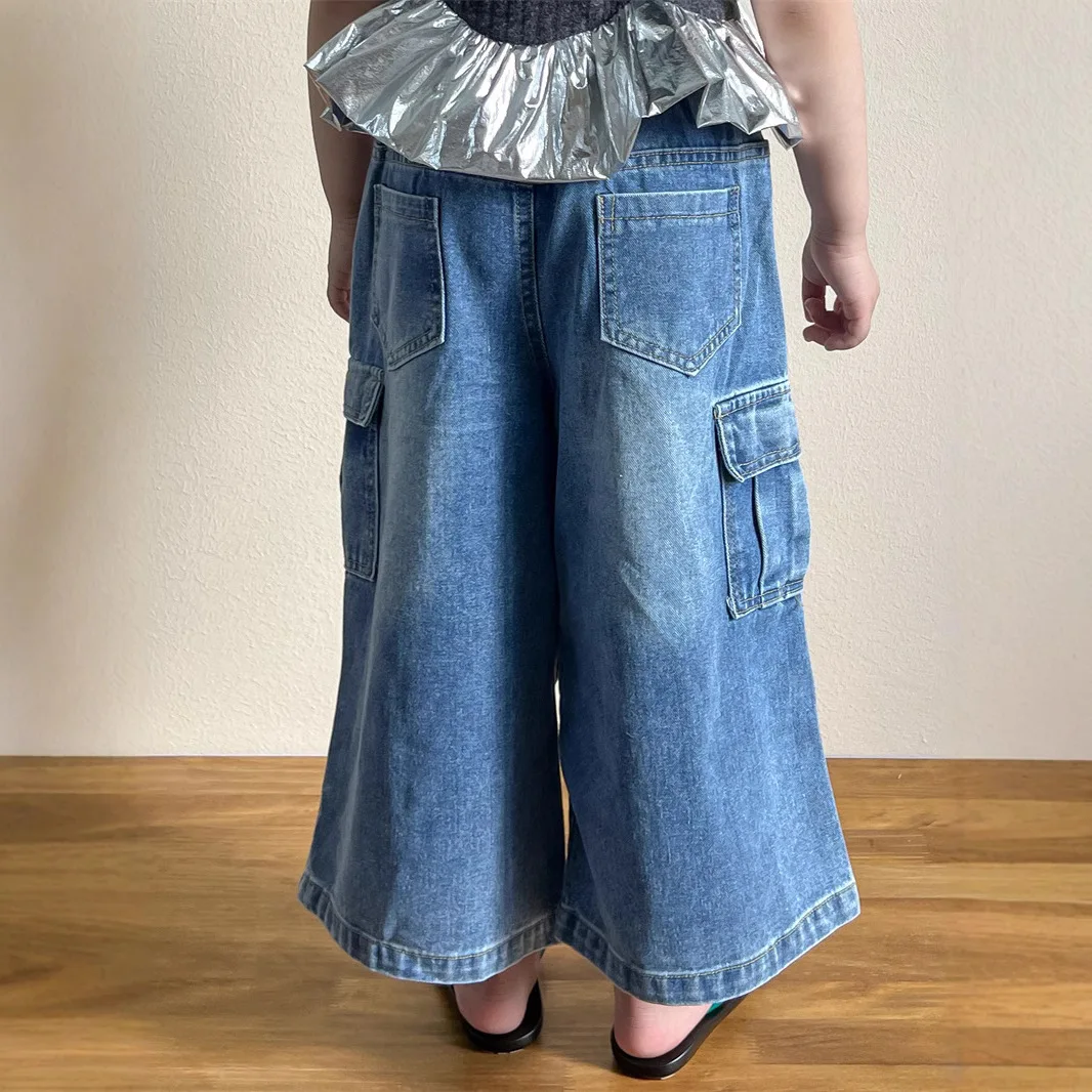 Korean Version of Children's Jeans 2025 Spring and Summer New Hand-painted White Dot Loose Overalls Wide-leg Jeans