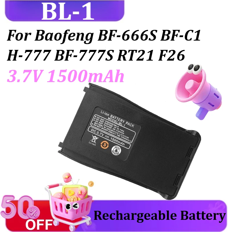 

BL-1 3.7V 1500mAh Type-C USB Charger for Baofeng BF-666S BF-C1 H-777 BF-777S RT21 F26 Rechargeable Batteries