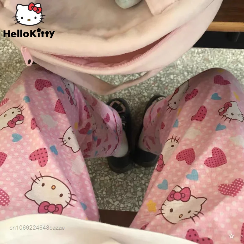 Sanrio Hello Kitty Soft Print Girls Trousers Y2k Kawaii Cream Pink Blue Casual Pants Korean College Style Household Pants Women