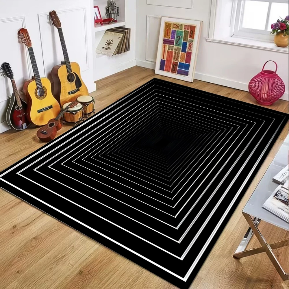 Optical Illusion Black White Geometric Carpet Creative Visual Effect Easy Clean Floor Mat for Living Room Game Room Home Decor