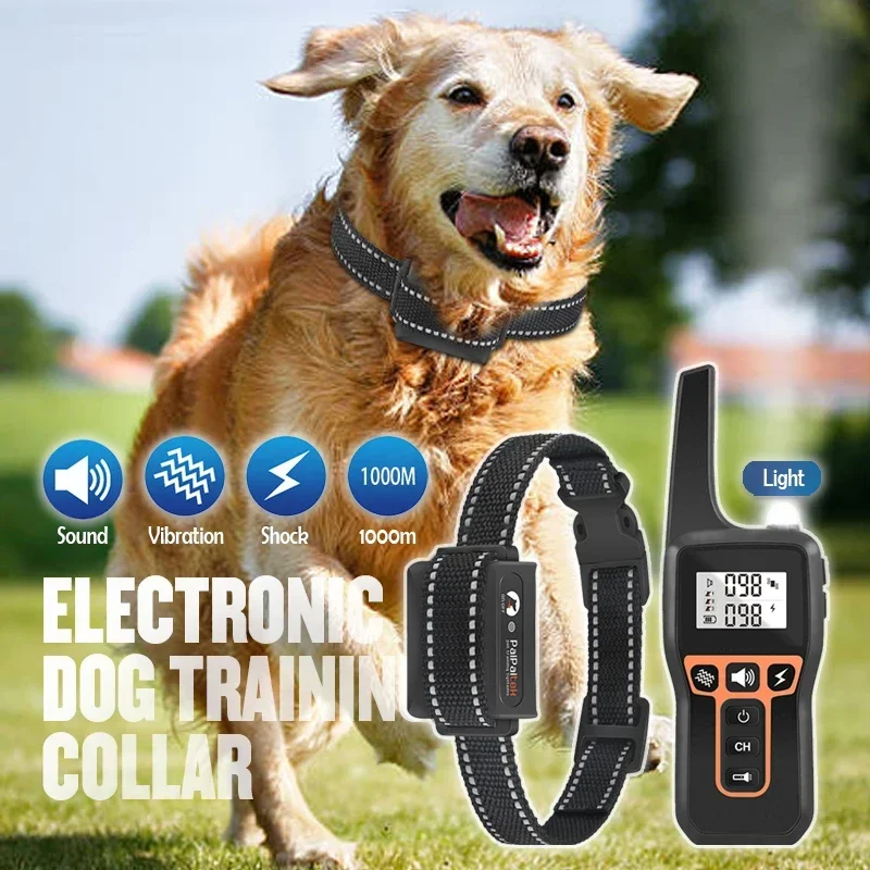 1000m Dog Electric Training Collar with Light Remote Control USB Charge 3 Modes Anti Bark Static Shock Vibrator Collar For Dogs