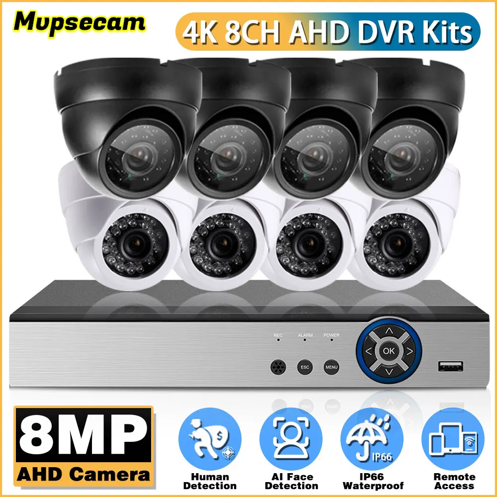 AI CCTV Dome Camera System 8MP Outdoor Weatherproof Security Camera 8 Channel 4K DVR Kit H.265 Home HD Video Surveillance System