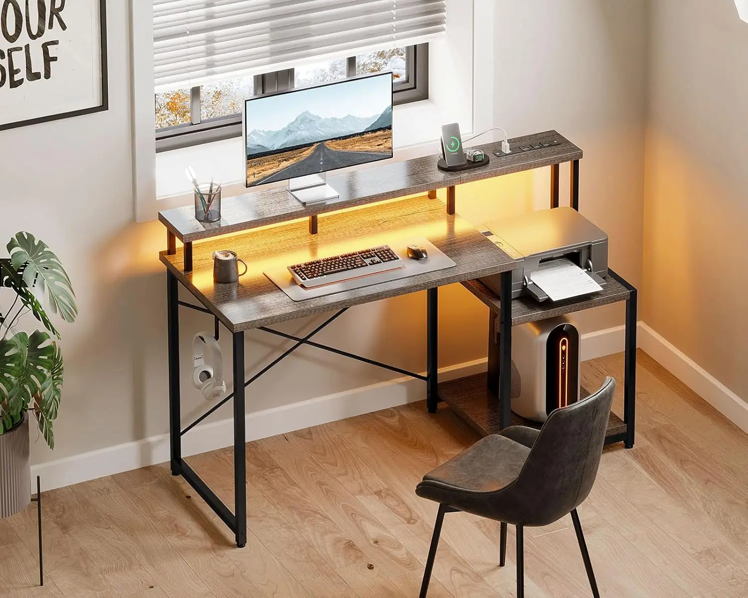Computer Desk, 48 Inch Gaming Desk with Led Lights & Power Outlet, Office Desk with Printer Storage Shelves, Reversible Desk wit