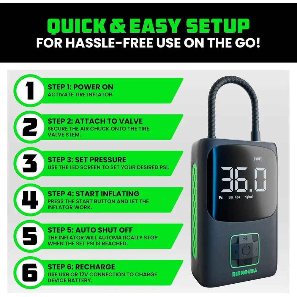 Kompresor Udara Portabel 150 PSI dengan Pengukur Digital - Pompa Mini yang Ditingkatkan untuk Ban Mobil dan Sepeda dengan Layar LCD Hitam & Hijau