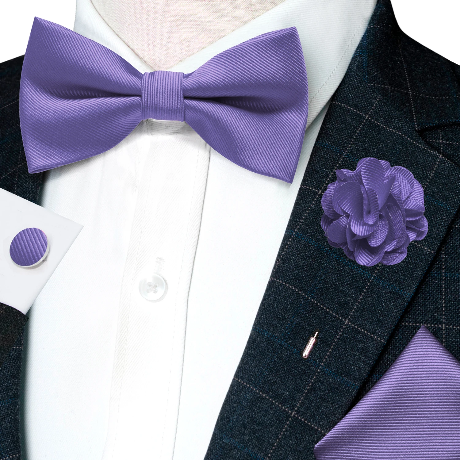 Hochzeits-Fliege für Herren, einfarbig rosa, vorgebundene Fliege, Einstecktuch, Manschettenknöpfe, Corsage-Set, Party, Business, Seiden-Schmetterlingsknoten, Geschenk – Detail 5