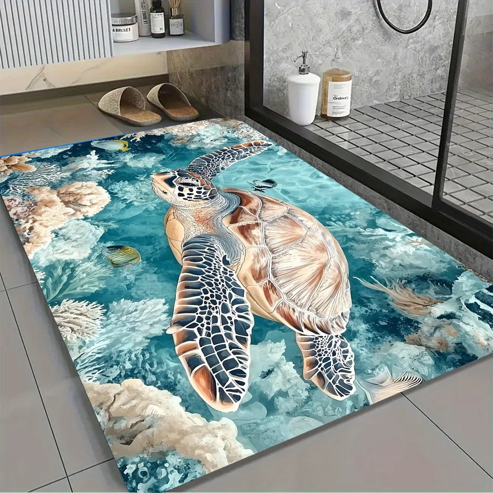2D Flat, 1pc HD 2D Flat Printed Floor Mat - Quick-Drying Coral Reef Sea Turtle and Marine Life Pattern, Turquoise Blue/Beige