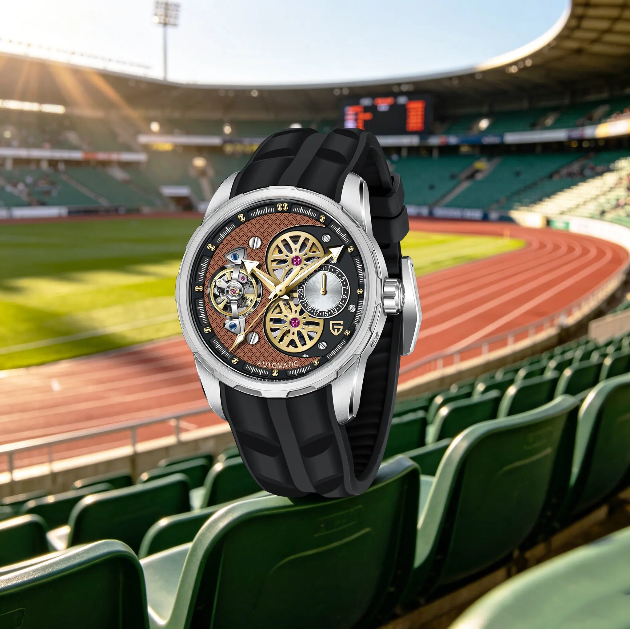 PAGANI DESIGN Men Outdoor Sports Mechanical Watches Racing Wheel Dial Rubber Strap Luminous Calendar Waterproof Tourbillon Watch