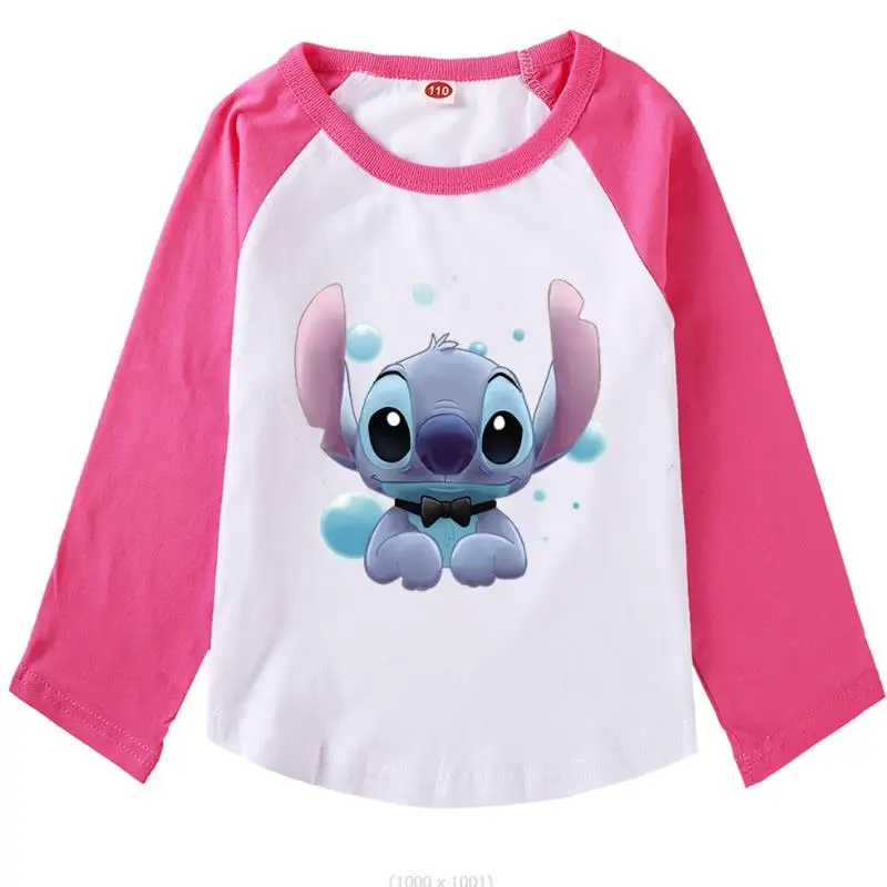 New Disney Stitch Student Girl Fashion T-Shirt Kids Long Sleeve Tops Spring Party Dresses Girls Cotton Printed Shirt Gift