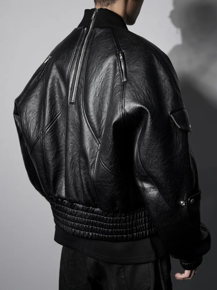 High Quality Dark Style Mens PU Leather Loose Jacket Autumn Winter Padded Male Black Coat Warm Stand Collar Zipper Short Jackets