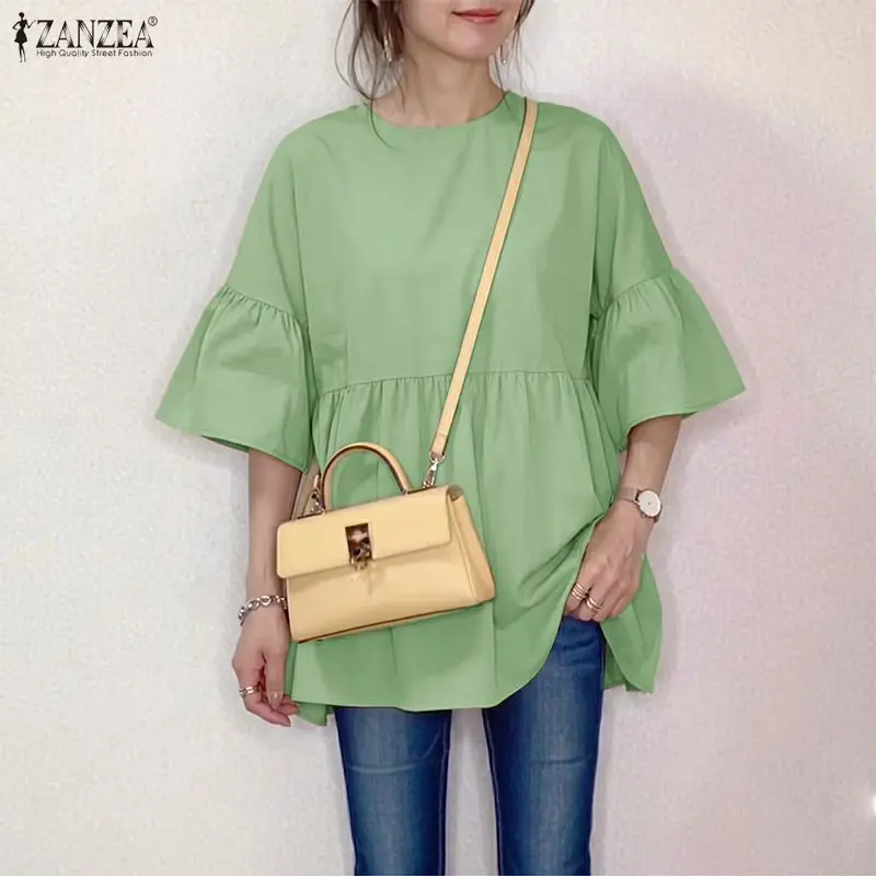 ZANZEA Women Blouse Short Sleeve Tunic Top Ruffle Hem Casual Vacation Summer Shirt Solid Color Round Neck A-Line Blusas