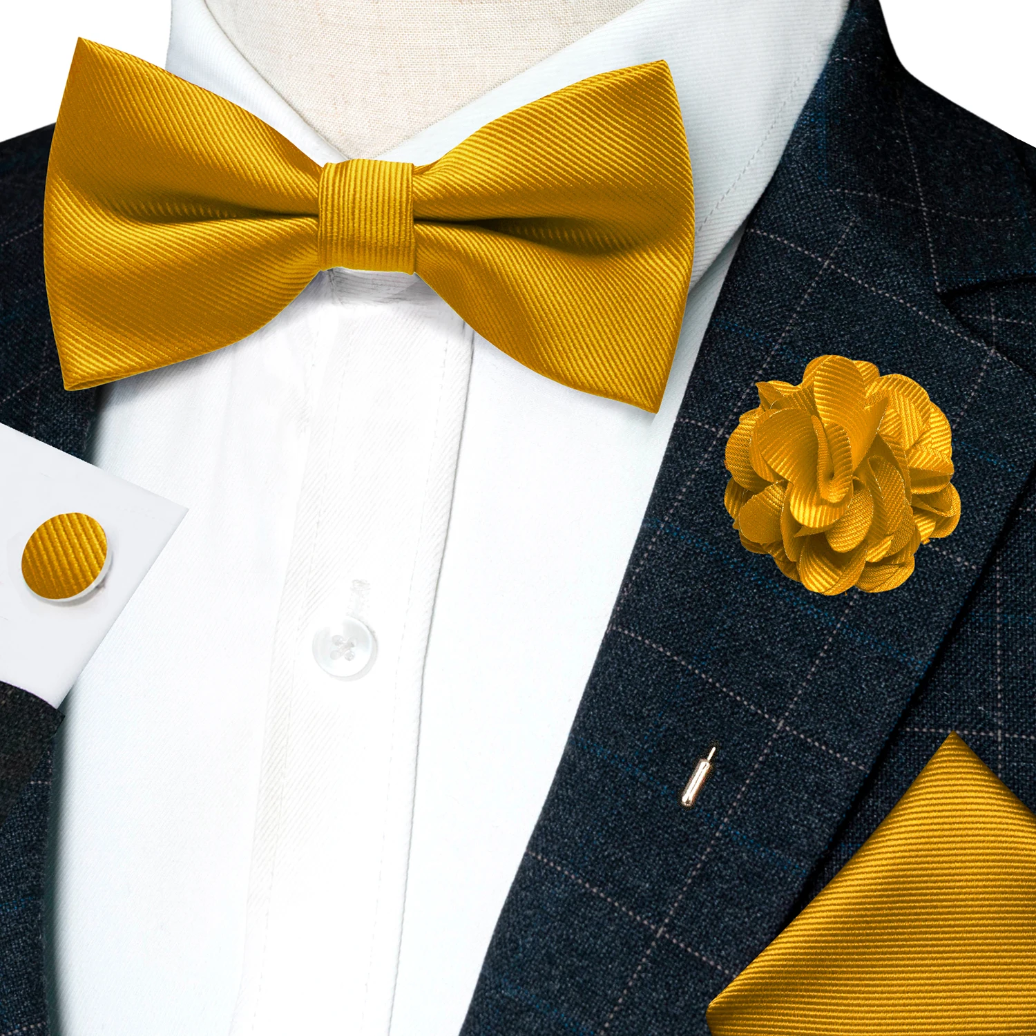 Hochzeits-Fliege für Herren, einfarbig rosa, vorgebundene Fliege, Einstecktuch, Manschettenknöpfe, Corsage-Set, Party, Business, Seiden-Schmetterlingsknoten, Geschenk – Detail 10