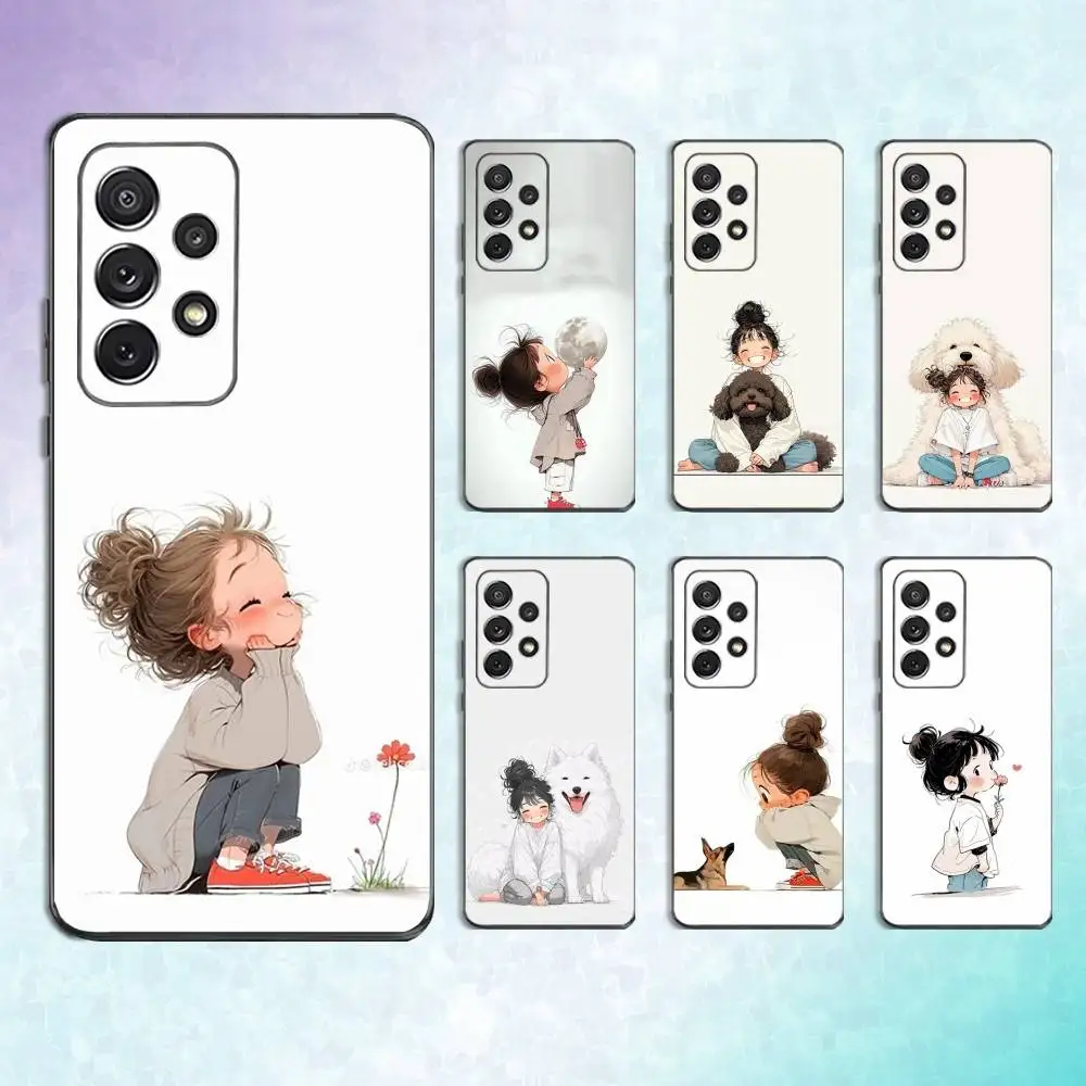

Cute Cartoon Kid Girl Dog Phone Case For Samsung S25,S24,S23,S22,S21,S20,S10,Ultra,Plus,Lite,FE,Soft Silicone Black Cover