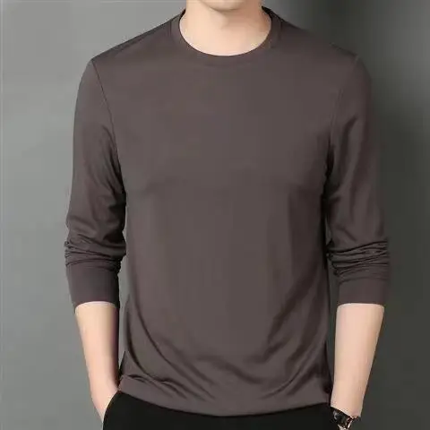 Stylish Classic ONeck Long Sleeve Men's Cotton Spring autumn Silk smooth shirts and blouses plus size tops Luxury t-shirt