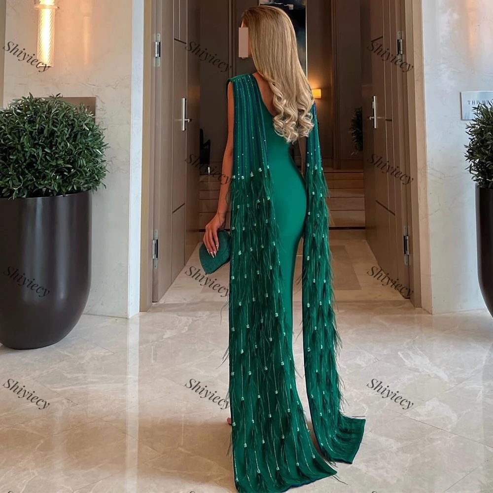 Formal Evening Dress Saudi Ariba Ladies High Quality Ankle Length Jersey Crystal Feathers Prom Dress فساتين سهره فخمة 2024